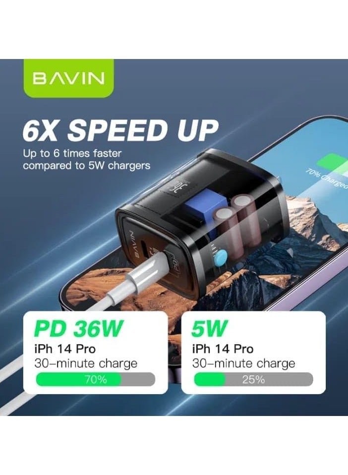 Bavin PC872E Clear Dual Port QC and PD Fast Charging Home Charger 36W Black - Image 3