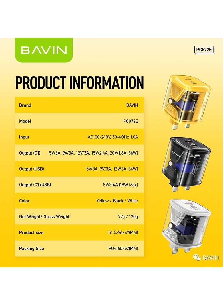 Bavin PC872E Clear Dual Port QC and PD Fast Charging Home Charger 36W Black - Image 4