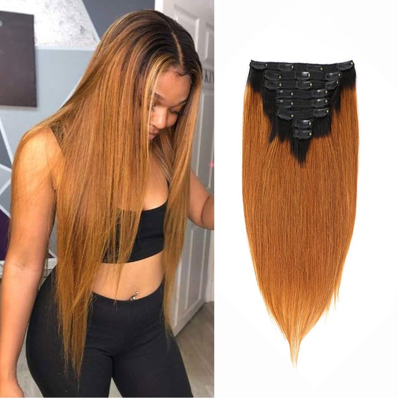 Ombre Clip in Hair Extensions Straight Human Hair 140g 100 Human Hair 8Pcs Total of 18 Clips 1B30 Brown Hair Extensions for Black Women Hair 22 Inch 1B30 Brown