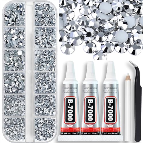 Towenm B7000 Glue with Mine Silver Rhinestones for Crafts Clothes Shoes Fabric, 4000PCS Flatback Rhinestone for Nails Face Tumblers, Glue Fix Gems Bejeweled Kit, Mixed 5 Sizes 2mm 3mm 4mm 5mm 6mm - Image 1