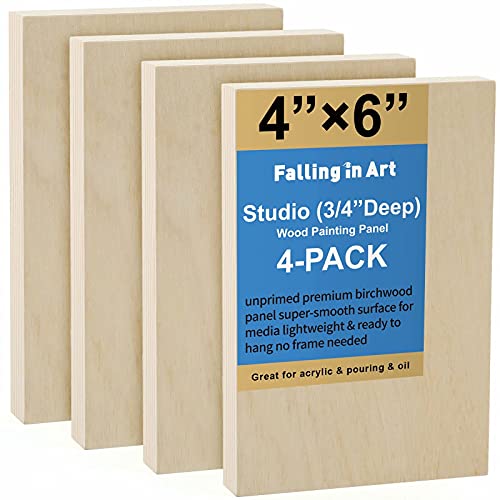 Falling In art مجموعة لوحات خشبية غير مكتملة من خشب البتولا للرسم، قماش خشبي 4 قطع بحجم 4x6 بوصة، عمق 3/4 بوصة، لوحات cradle للرسم، الحرف، الحرق والمزيد - Image 1