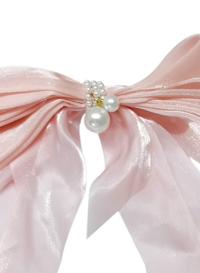 Fabula by OOMPH Jewellery Pink Shimmer Organza Large Big Bow with Pearls Hair Barrette Clip for Women & Girls Stylish Latest (HSSK99_AMR2) - Image 3