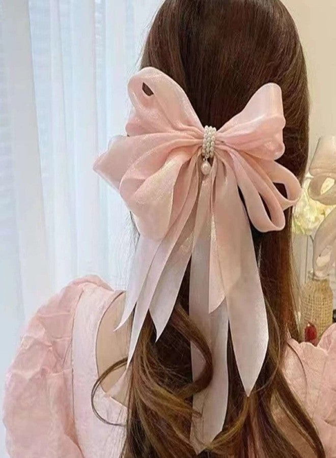 Fabula by OOMPH Jewellery Pink Shimmer Organza Large Big Bow with Pearls Hair Barrette Clip for Women & Girls Stylish Latest (HSSK99_AMR2) - Image 1