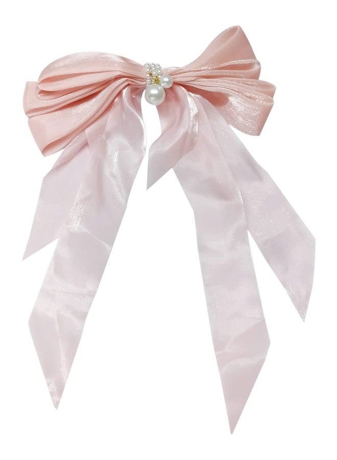 Fabula by OOMPH Jewellery Pink Shimmer Organza Large Big Bow with Pearls Hair Barrette Clip for Women & Girls Stylish Latest (HSSK99_AMR2) - Image 2