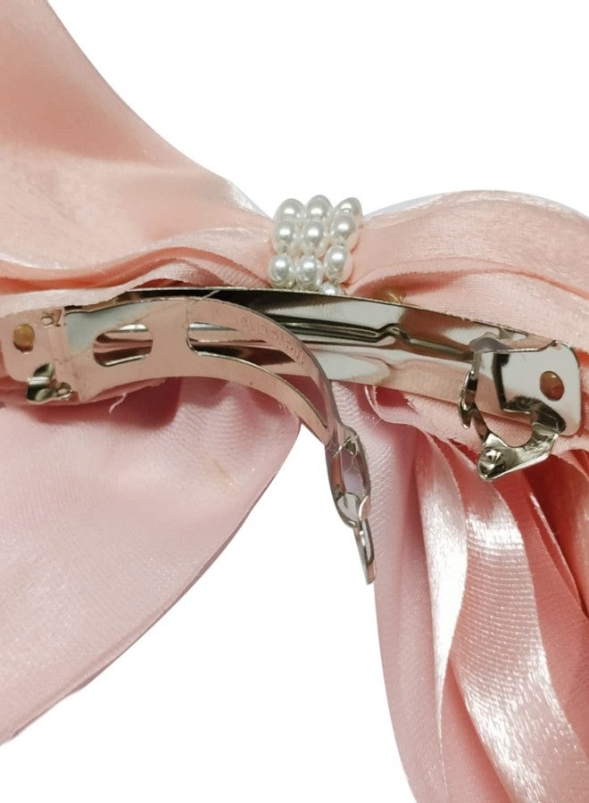 Fabula by OOMPH Jewellery Pink Shimmer Organza Large Big Bow with Pearls Hair Barrette Clip for Women & Girls Stylish Latest (HSSK99_AMR2) - Image 5