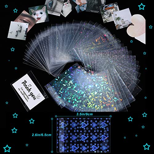Tinlade 200 Pcs Laser Flashing Kpop Holographic Photo Card Sleeves Little Star Heart Glass Gemstone Transparent Trading Cards Sleeves 2.6 x 3.5 Inches - Image 3