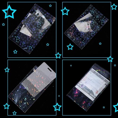Tinlade 200 Pcs Laser Flashing Kpop Holographic Photo Card Sleeves Little Star Heart Glass Gemstone Transparent Trading Cards Sleeves 2.6 x 3.5 Inches - Image 5