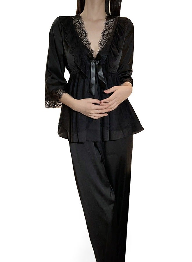 أم أتش دي طقم ملابس نوم أسود أنيق: من الساتان والدانتيل لتوفير أقصى درجات الراحة - Image 1