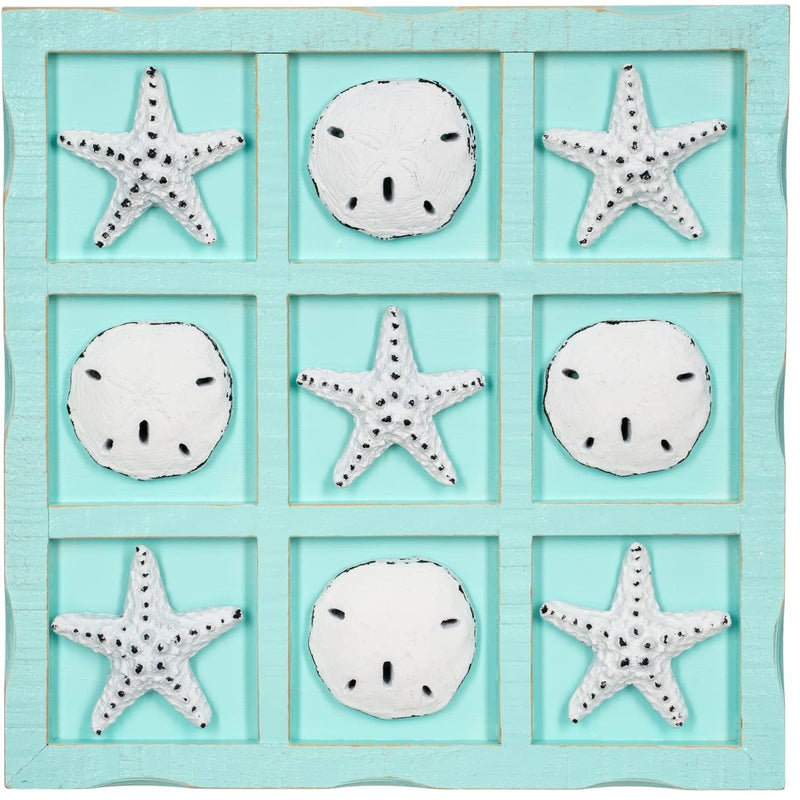 Nautical Crush Trading Beach Tic Tac Toe  9 X 9 Seafoam Blue Tic Tac Toe Decor Home WWhite Resin Starfish  Sand Dollars  Real Wooden Tic Tac Toe  Tic Tac Toe Coffee Table  Nautical Dcor