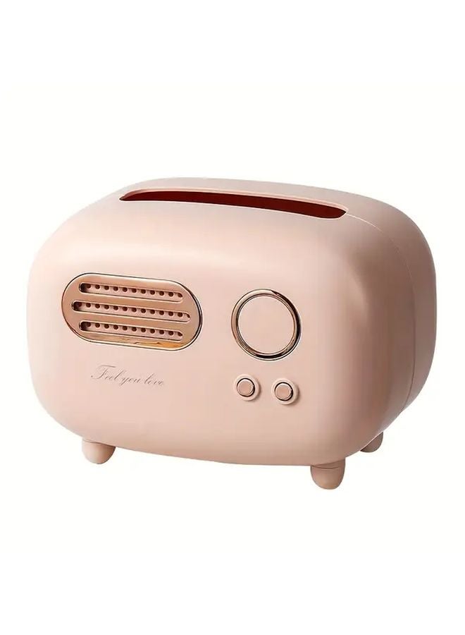 Pink Retro Style Plastic Rectangular Tissue Box With Built In Radio Vintage Tabletop Paper Storage Organizer - Image 1