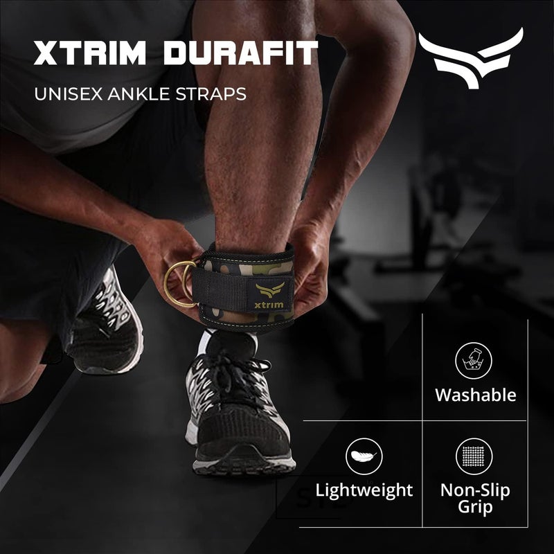 XTRIM Durafit Unisex Stylish Ankle Straps with Metal D-Rings for Cable Machine, Kickbacks and Glutes Workouts, Adjustable Ankle Straps, Curls & Hip Abductors with Padded Neoprene Support (Army Green) - Image 2