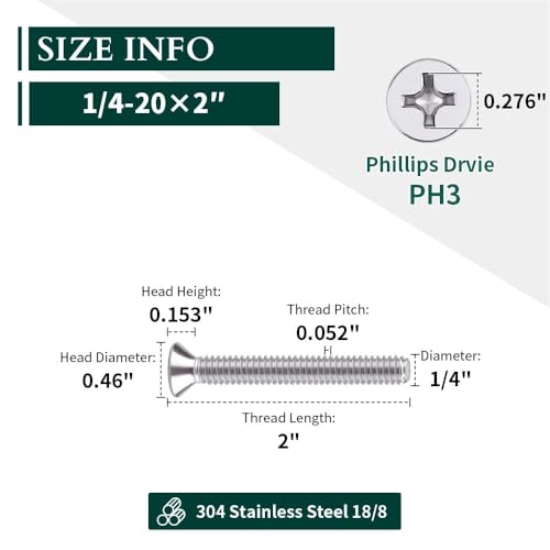 EASTLO 1/4-20 x 2 Flat Countersunk Head Machine Screws, Phillips Drive, 304 Stainless Steel 18-8, Full Thread, Coarse Thread UNC, 25 PCS - Image 3