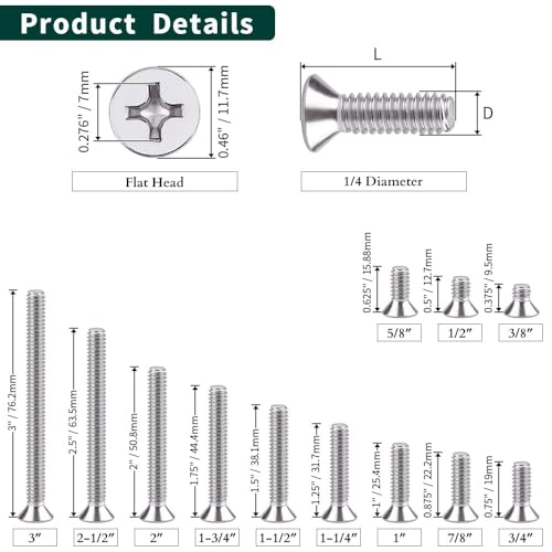 EASTLO 1/4-20 x 2 Flat Countersunk Head Machine Screws, Phillips Drive, 304 Stainless Steel 18-8, Full Thread, Coarse Thread UNC, 25 PCS - Image 4