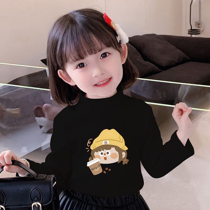 Girls' Semi-High Collar Velvet Casual Long-Sleeved T-Shirt Autumn New Arrival Medium And Large Children'S Wear Cartoon Printed Western Style Girls' Trendy T-Shirt - Image 1