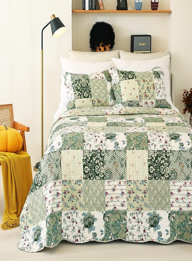 Cmfshape Summer Floral Queen Quilted Bedspread,Romantic Green Quilt Set,Reversible Stitched Bedding Cover All Season,Soft Lightweight Coverlet with Pillow Cases (Green&White, Queen90 x90) - Image 2