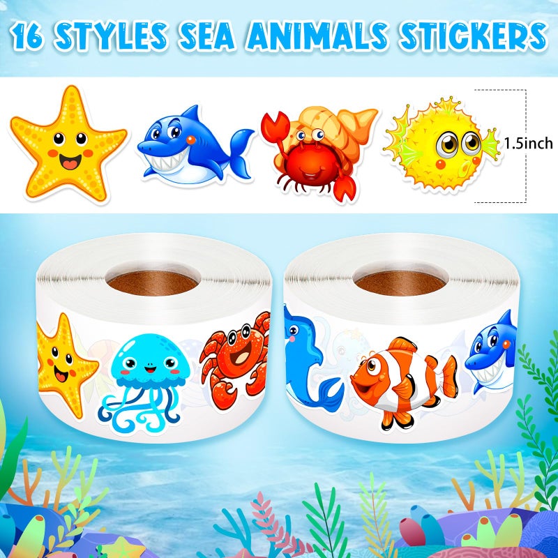 KFPPLXQ 1200 Pcs Ocean Animal Stickers Roll Sea Animal Stickers Cute Roll Sticker Cartoon Fish Sticker Deals Sea Creature Labels for Teacher Reward School Supplies Incentives (16 Styles) - Image 4