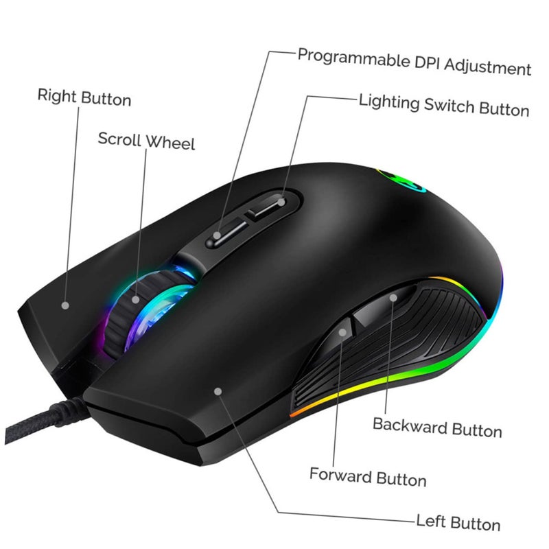 ماوس ألعاب مريح بـ7 أزرار مع إضاءة خلفية RGB ودقة 2400 نقطة في البوصة وقبضة مريحة لأجهزة الكمبيوتر المحمولة والكمبيوتر الشخصي - Image 4