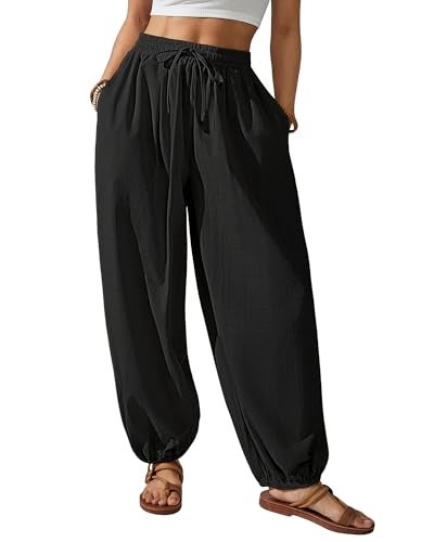 Bsubseach Womens Cotton Harem Pants Elastic Waist Baggy Pant Drawstring Balloon Trouser Loose Beach Pants with Pockets Black M - Image 1