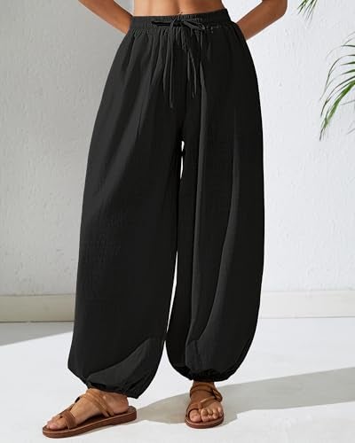 Bsubseach Womens Cotton Harem Pants Elastic Waist Baggy Pant Drawstring Balloon Trouser Loose Beach Pants with Pockets Black M - Image 2