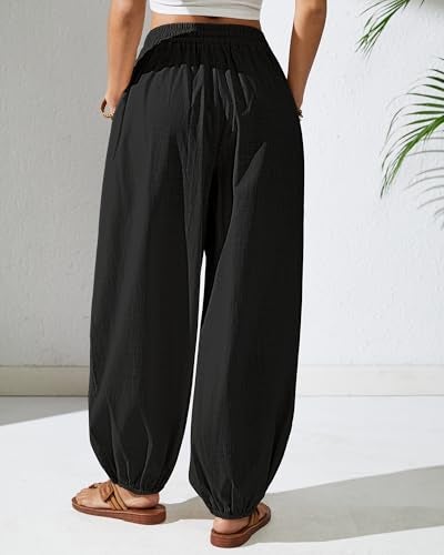 Bsubseach Womens Cotton Harem Pants Elastic Waist Baggy Pant Drawstring Balloon Trouser Loose Beach Pants with Pockets Black M - Image 4