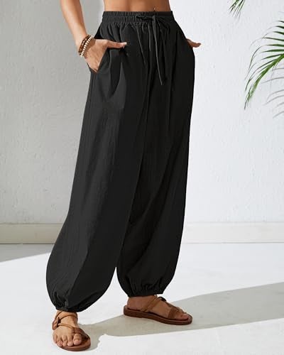 Bsubseach Womens Cotton Harem Pants Elastic Waist Baggy Pant Drawstring Balloon Trouser Loose Beach Pants with Pockets Black M - Image 3