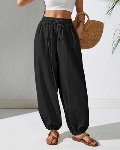 Bsubseach Womens Cotton Harem Pants Elastic Waist Baggy Pant Drawstring Balloon Trouser Loose Beach Pants with Pockets Black M - Image 5