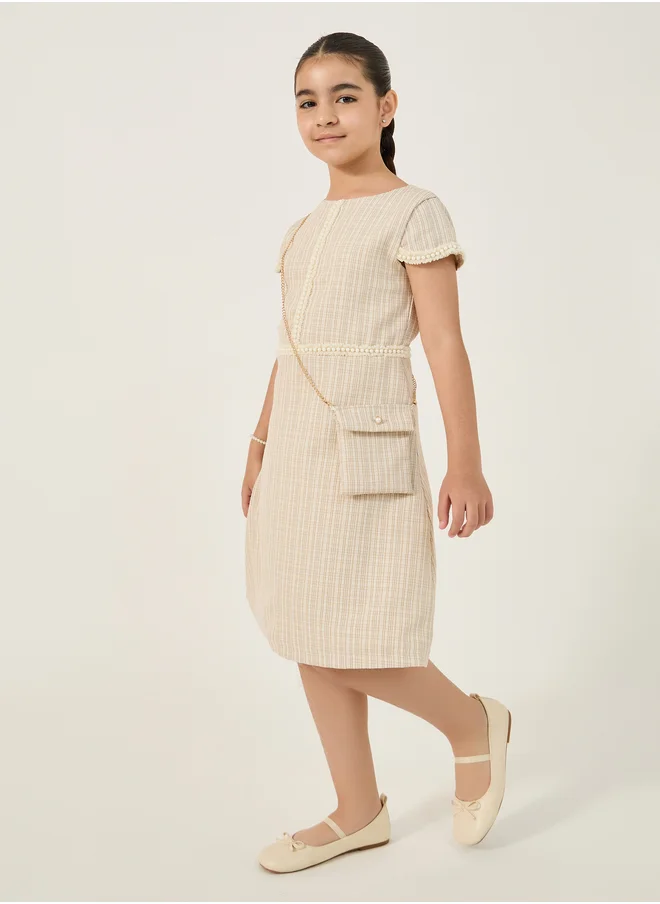 ستايلي Styli Embellished Tweed Short Sleeve Dress with Bag
