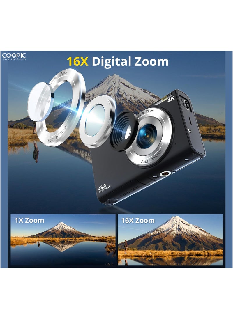 Coopic COOPIC C400K BLACK 4K Digital Camera, 48MP, 16X Zoom, Autofocus, Anti-Shake, 2.8" LCD, Webcam Mode, Includes 32GB Card, 2 Batteries, Lanyard, USB Cable, Charging Adapter for Vlogging Teens & Beginners  - Image 2