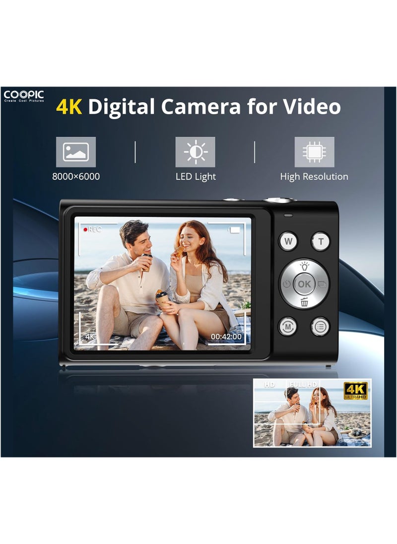 Coopic COOPIC C400K BLACK 4K Digital Camera, 48MP, 16X Zoom, Autofocus, Anti-Shake, 2.8" LCD, Webcam Mode, Includes 32GB Card, 2 Batteries, Lanyard, USB Cable, Charging Adapter for Vlogging Teens & Beginners  - Image 3