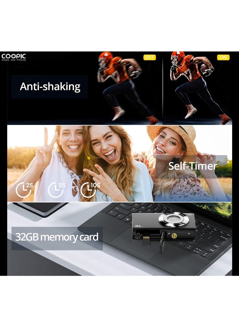 Coopic COOPIC C400K BLACK 4K Digital Camera, 48MP, 16X Zoom, Autofocus, Anti-Shake, 2.8" LCD, Webcam Mode, Includes 32GB Card, 2 Batteries, Lanyard, USB Cable, Charging Adapter for Vlogging Teens & Beginners  - Image 4