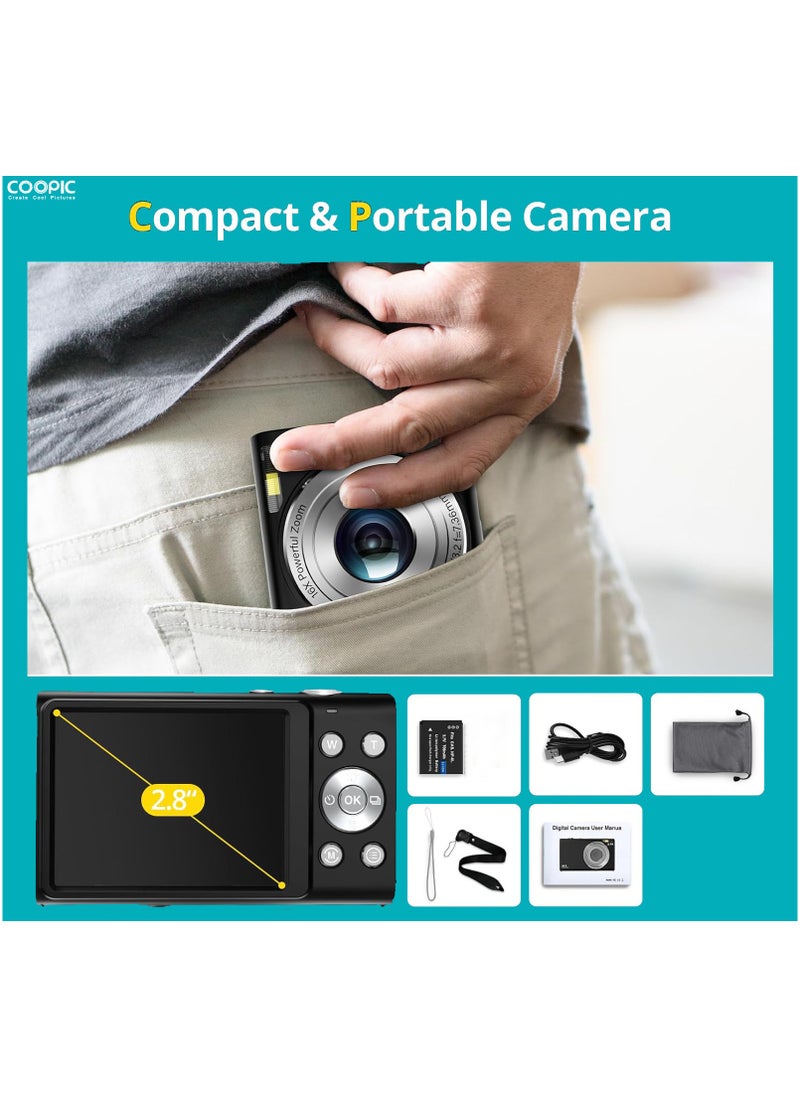 Coopic COOPIC C400K BLACK 4K Digital Camera, 48MP, 16X Zoom, Autofocus, Anti-Shake, 2.8" LCD, Webcam Mode, Includes 32GB Card, 2 Batteries, Lanyard, USB Cable, Charging Adapter for Vlogging Teens & Beginners  - Image 5
