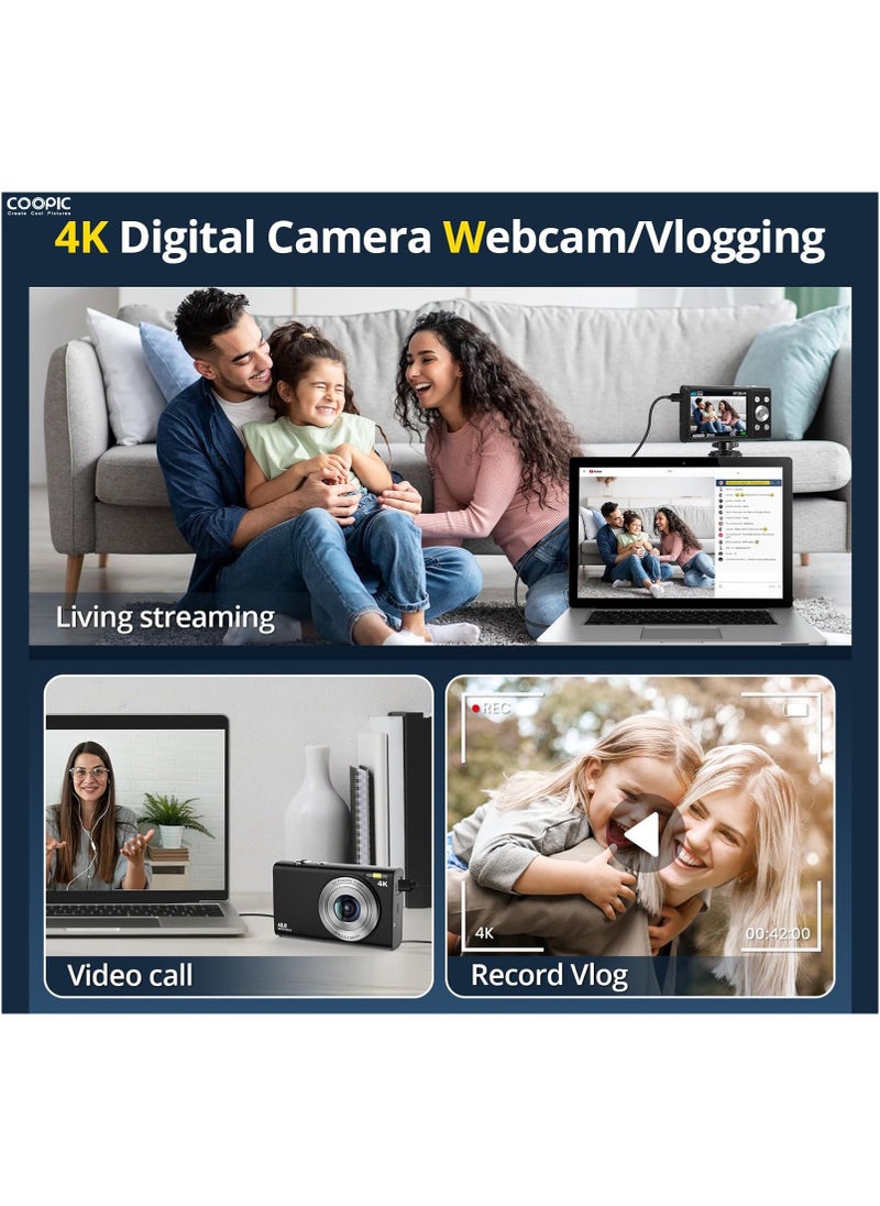 Coopic - COOPIC C400K BLACK 4K Digital Camera, 48MP, 16X Zoom, Autofocus, Anti-Shake, 2.8" LCD, Webcam Mode, Includes 32GB Card, 2 Batteries, Lanyard, USB Cable, Charging Adapter for Vlogging Teens & Beginners - Image 1