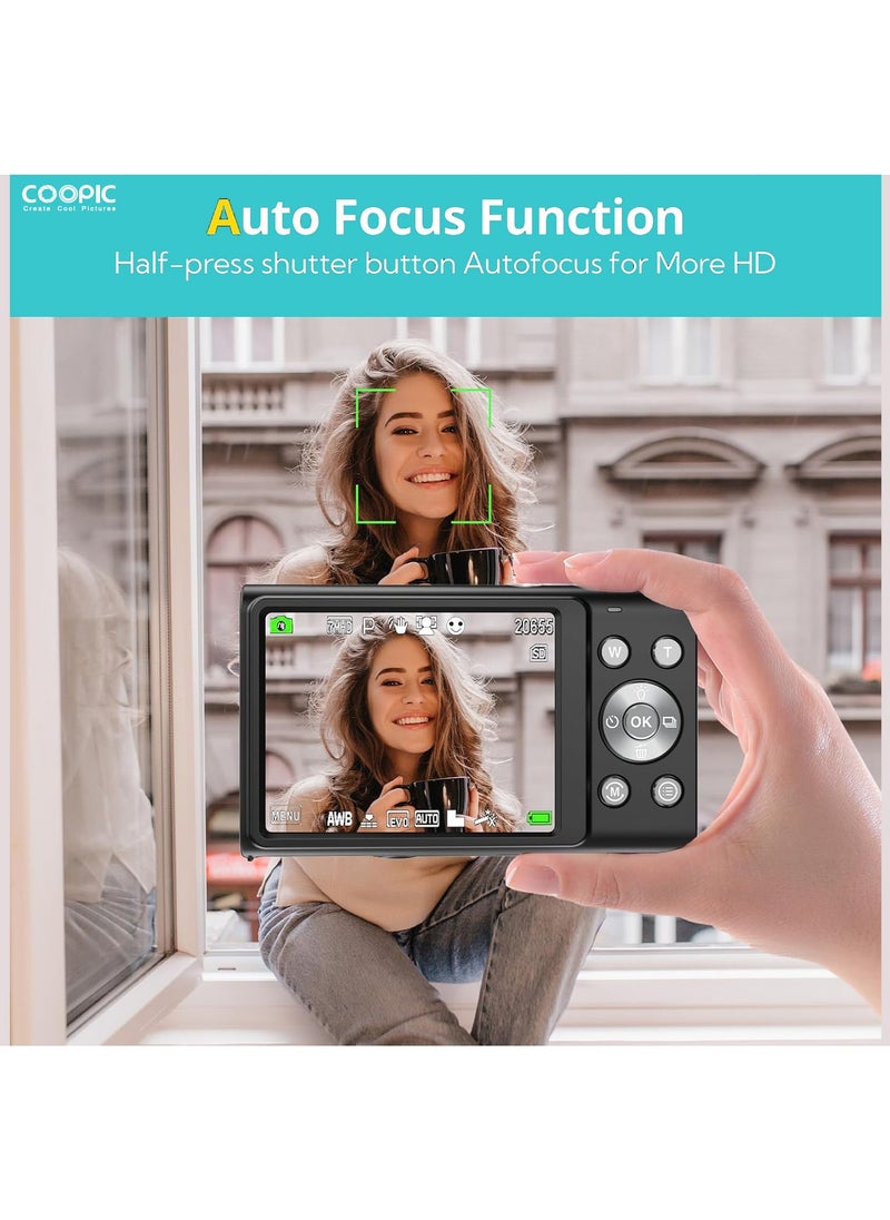 Coopic - COOPIC C400K BLACK 4K Digital Camera, 48MP, 16X Zoom, Autofocus, Anti-Shake, 2.8" LCD, Webcam Mode, Includes 32GB Card, 2 Batteries, Lanyard, USB Cable, Charging Adapter for Vlogging Teens & Beginners - Image 1
