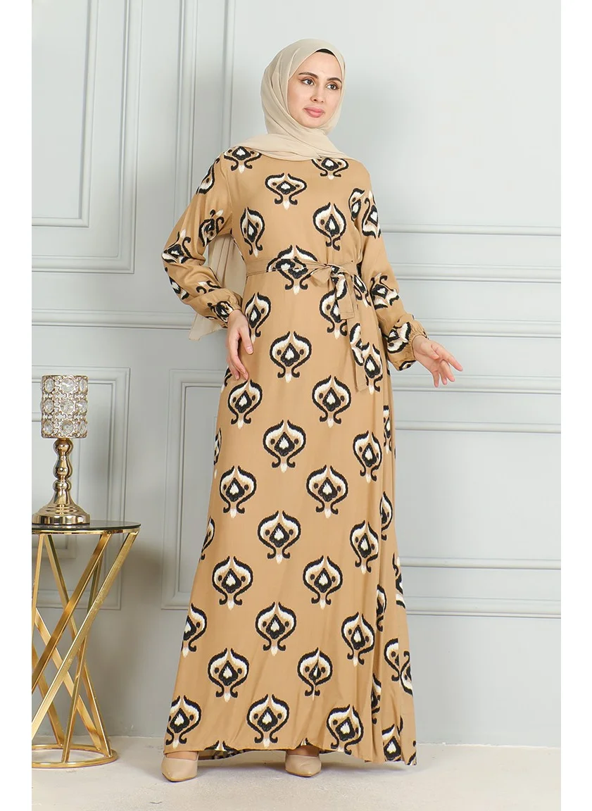 Sefa Merve Patterned Belted Viscose Dress 0491-06 Mink Black