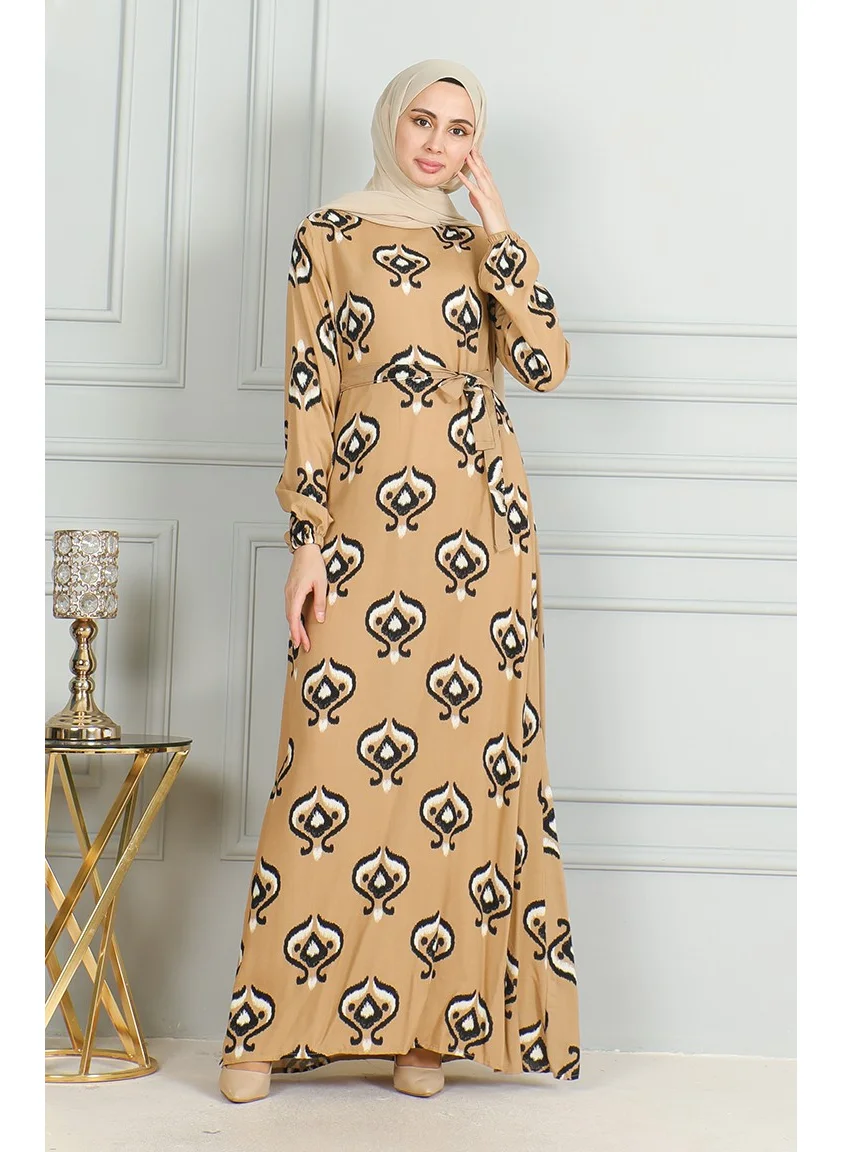 Sefa Merve Patterned Belted Viscose Dress 0491-06 Mink Black