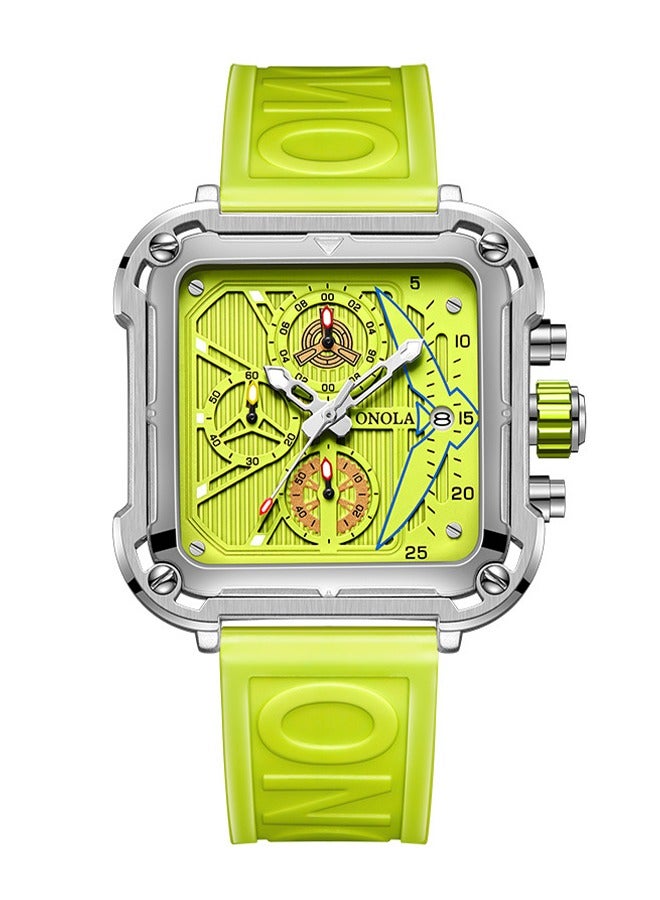 ONOLA ​​ONOLA Silver Green Square Multifunction Quartz Men's Watch - Stainless Steel Case, 30M Water Resistance, Contemporary Sport Style for Casual & Gym Activities​​  - Image 1