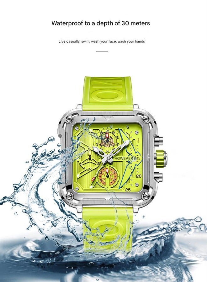 ONOLA ​​ONOLA Silver Green Square Multifunction Quartz Men's Watch - Stainless Steel Case, 30M Water Resistance, Contemporary Sport Style for Casual & Gym Activities​​  - Image 5