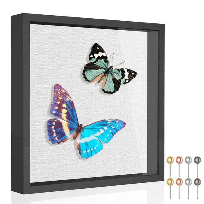 11X11 SHADOW BOX FRAME WITH SOFT LINEN BACK METAL PUSH PINS INCLUDED MEMORY BOX DISPLAY CASE FOR MEMORABILIA FLOWER AWARDS MEDALS WEDDING PHOTOS BLACK