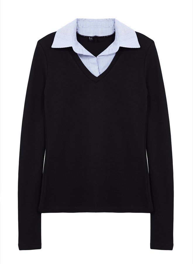 trendyol Black Woven Detailed Shirt Collar Regular/Normal Fit Knitted Blouse - Image 5