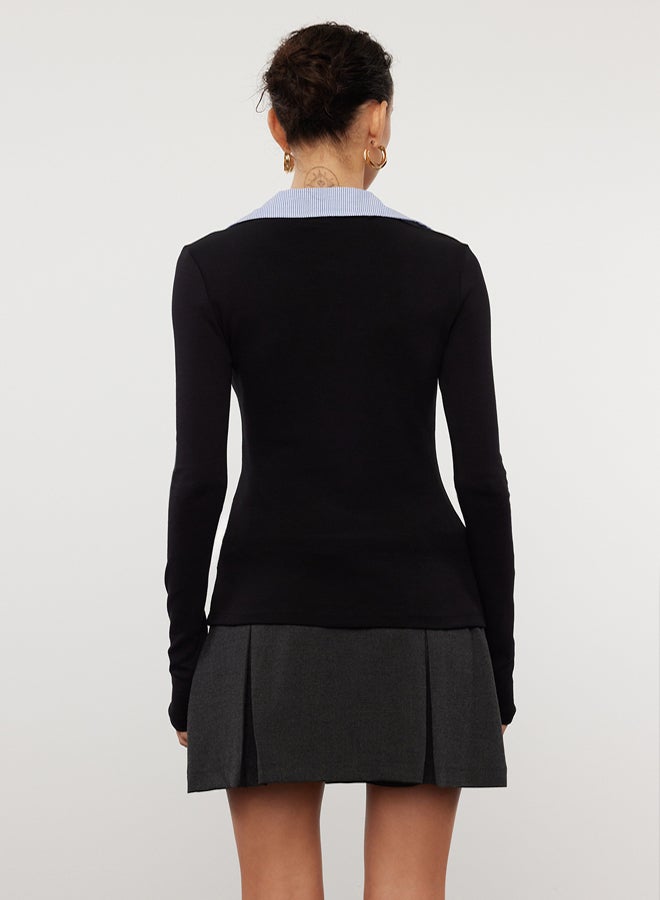 trendyol Black Woven Detailed Shirt Collar Regular/Normal Fit Knitted Blouse - Image 4