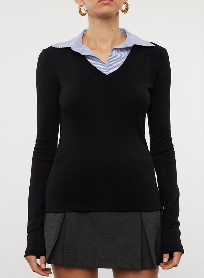 trendyol Black Woven Detailed Shirt Collar Regular/Normal Fit Knitted Blouse - Image 3