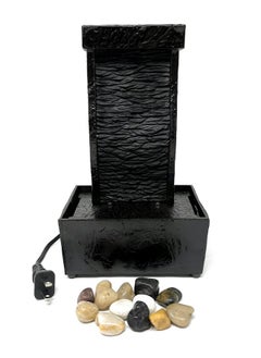 9.6 H Curved Black Slate Tabletop Water Fountain With Natural River Rocks And Led Lights (Power Cord Attached)