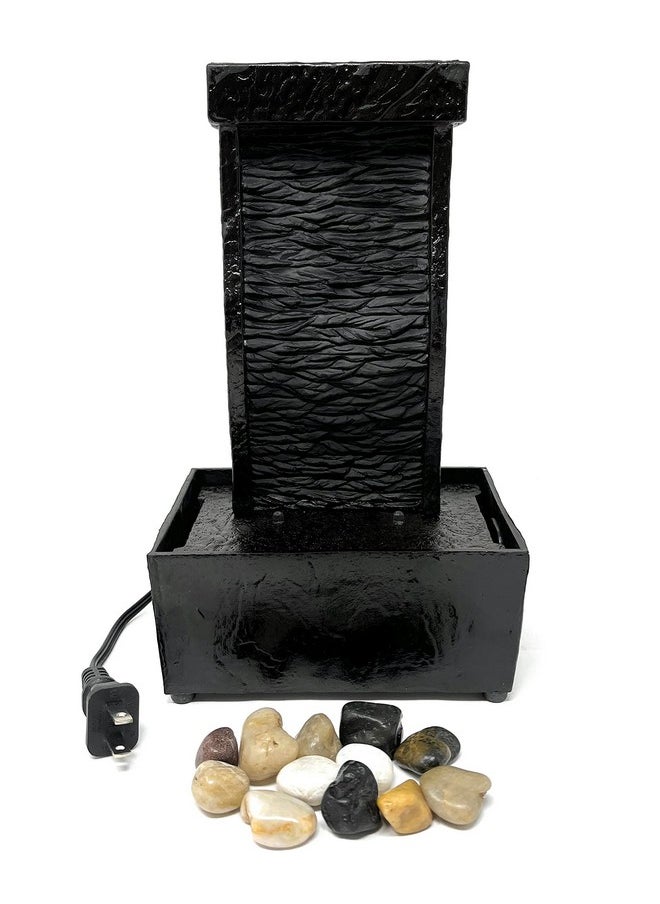Nature's Mark - 9.6 H Curved Black Slate Tabletop Water Fountain With Natural River Rocks And Led Lights (Power Cord Attached) - Image 1