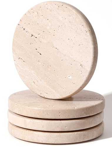 Beige Travertine Coasters Set of 4Marble Absorbent Coasters 4 Ideal for Housewarming Gifts Anniversaries Office Decorations Protects countertops Sturdy and Durable Beautiful and Generous
