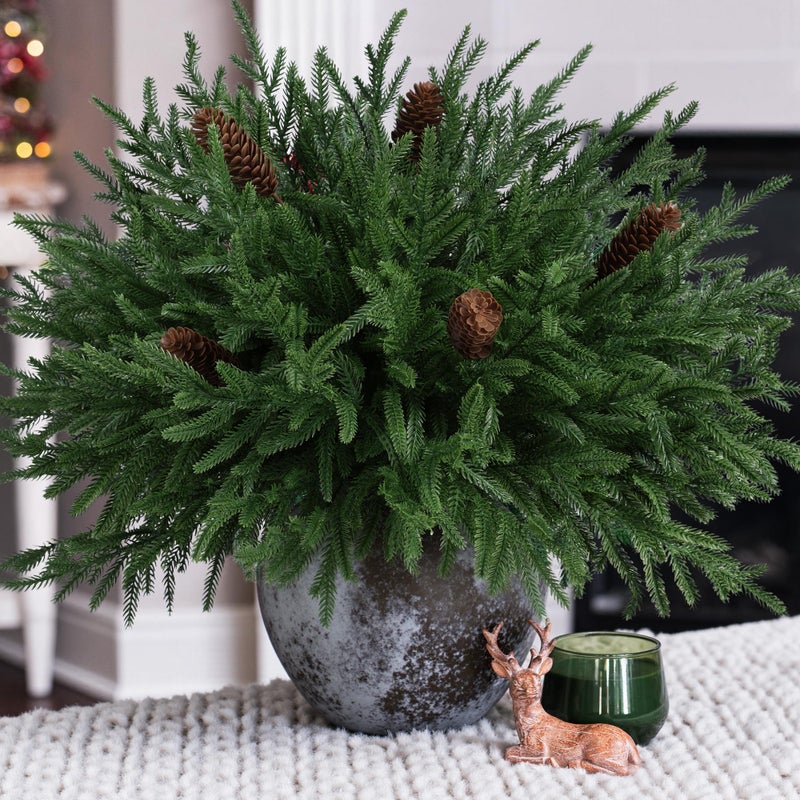 HyeFlora 19 Inch Christmas Norfolk Pine Stems 12PCS Real Touch Faux Cedar Pine with 5PCS Big Pine Cones Branches Artificial DIY Greenery Stems Plastic Picks for Vase Indoor Outdoor Home Garden Dcor - Image 2