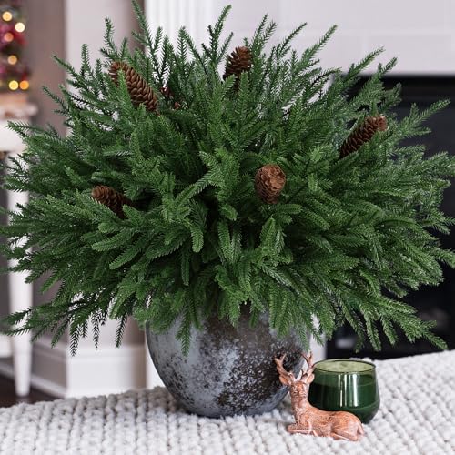 HyeFlora 19 Inch Christmas Norfolk Pine Stems 12PCS Real Touch Faux Cedar Pine with 5PCS Big Pine Cones Branches Artificial DIY Greenery Stems Plastic Picks for Vase Indoor Outdoor Home Garden Dcor - Image 1