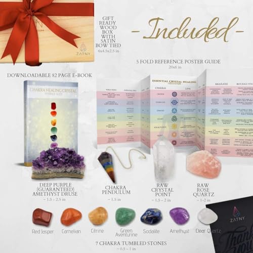 ZATNY Crystals and Healing Stones Premium Kit Wooden Box - Chakra Stones Healing Crystals Set, Rose Quartz, Amethyst Cluster, Quartz Points, Chakra Pendulum (A Essential Chakra Collection) - Image 2