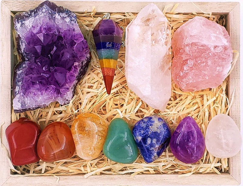 ZATNY Crystals and Healing Stones Premium Kit Wooden Box - Chakra Stones Healing Crystals Set, Rose Quartz, Amethyst Cluster, Quartz Points, Chakra Pendulum (A Essential Chakra Collection) - Image 1