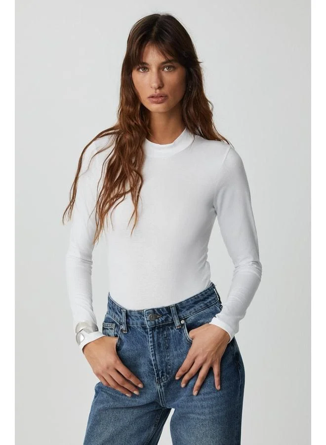 Ethiquet KAMILA Women's Long Sleeve Half-Fisherman Collar Snap White Bodysuit
