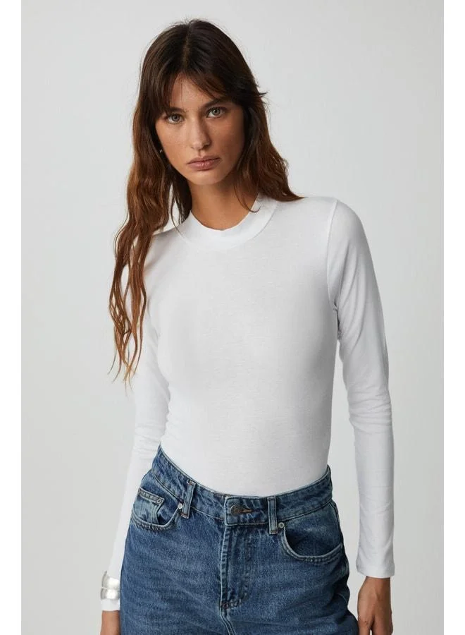 Ethiquet KAMILA Women's Long Sleeve Half-Fisherman Collar Snap White Bodysuit